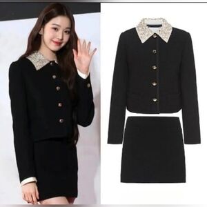 Kpop Black Small Incense Wind Suit Women's Autumn Short Cardigan Two Pieces